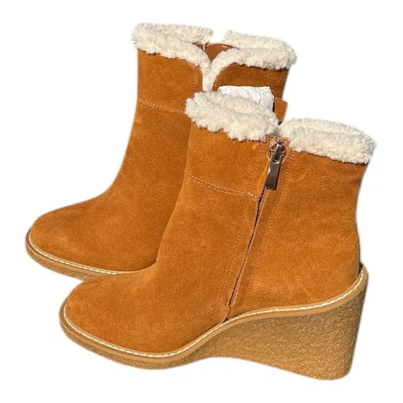 Franco Sarto Brown Wedge Boots with Cream Trim - Picture 2 of 5